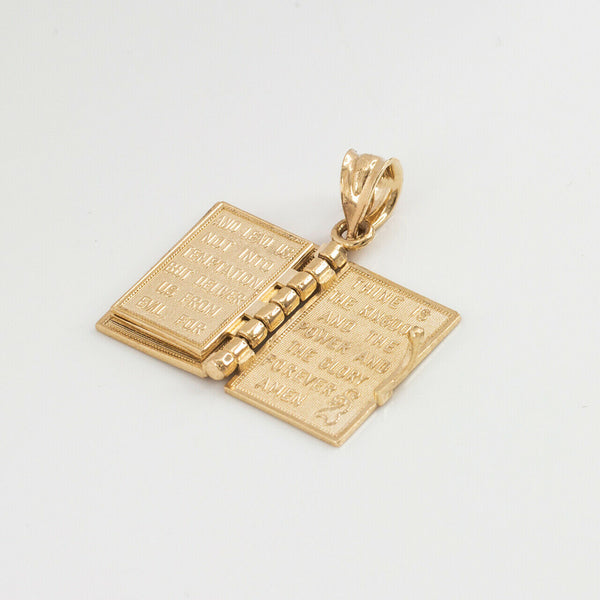 14k Solid Yellow Gold Holy Bible Book with "Our Father Prayer" Pendant Necklace