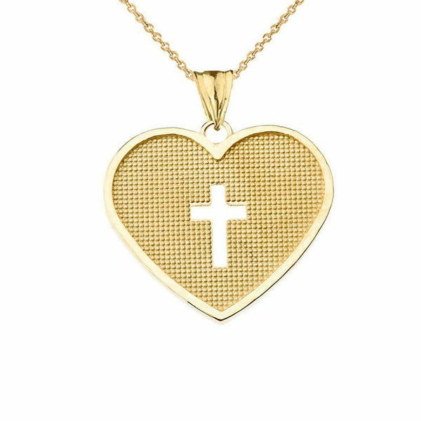 Solid Yellow Gold 10K Hammered Heart With open Cross Pendant Necklace