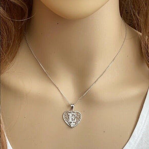 925 Sterling Silver Filigree Heart CZ Initial Letter E Pendant Necklace