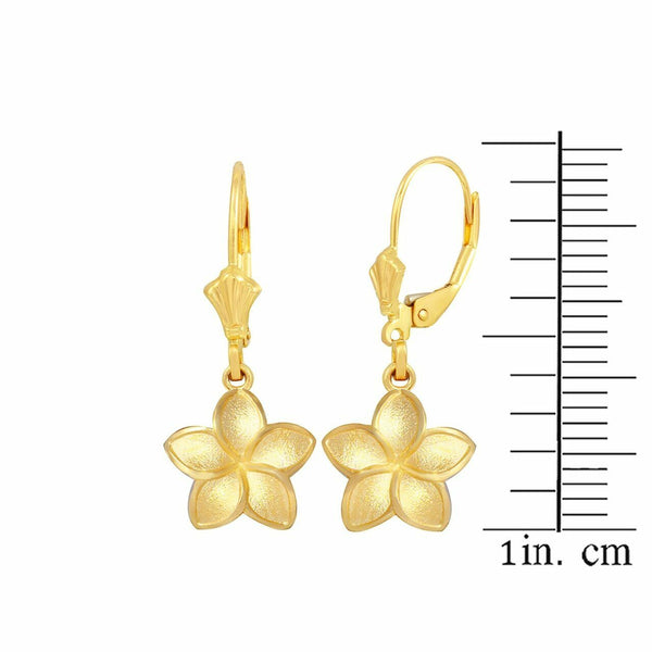 Solid 10k / 14k Yellow Gold Small Five Petal Plumeria Flower Matte Earrings Set