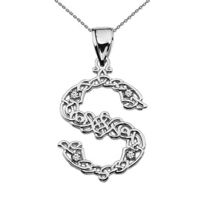 Sterling Silver CZ Celtic Knot Pattern Initial Letter S Pendant Charm Necklace