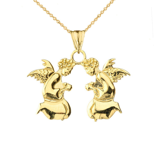 14K Solid Gold Praying Angels Pendant Necklace (Yellow, Rose, or White Gold)