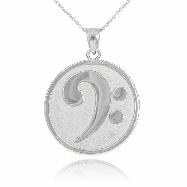925 Sterling Silver Textured Bass F-Clef Symbol Charm Pendant Necklace