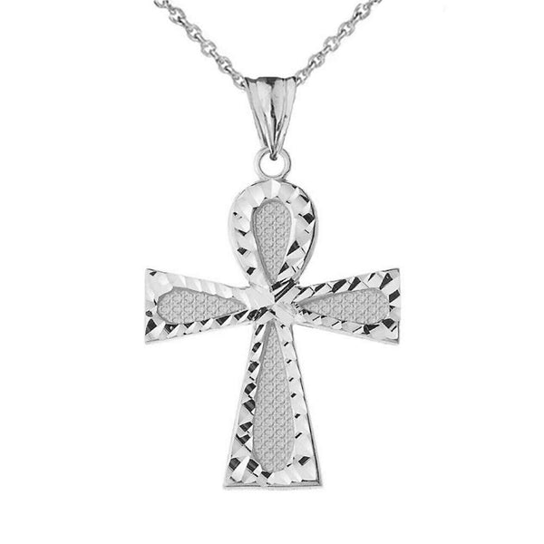 925 Sterling Silver Sparkle Cut Ankh Cross Pendant Necklace