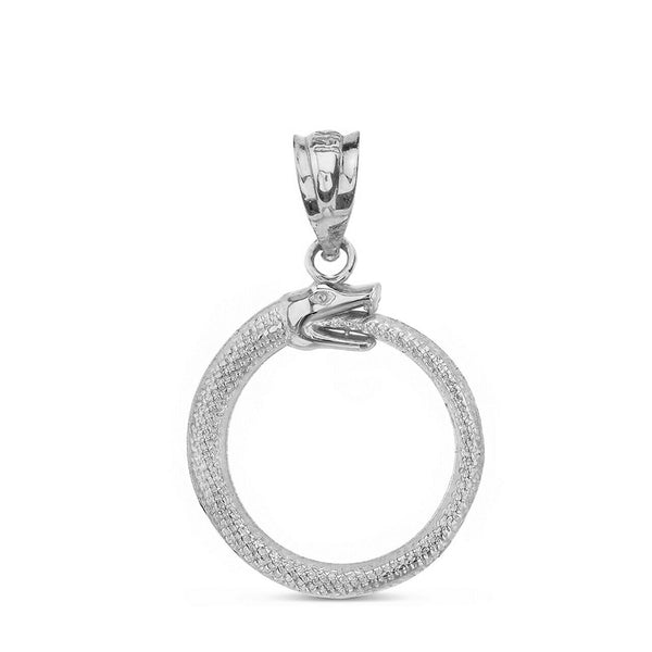 Solid 10k White Gold Egyptian Alchemy Ouroboros Snake Circle Pendant Necklace