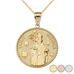 10K Solid Yellow Gold St. Saint Patrick Clovers Medallion Pendant Necklace