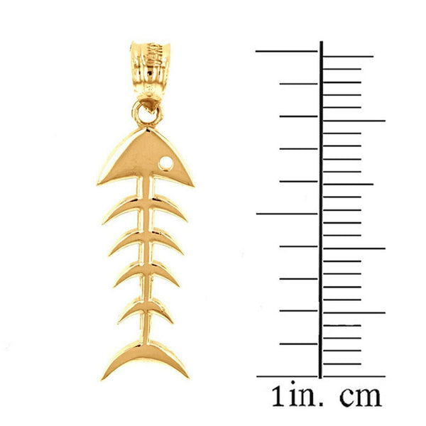 10k Solid Yellow Gold Fish Bone Skeleton Fishing Pendant Necklace