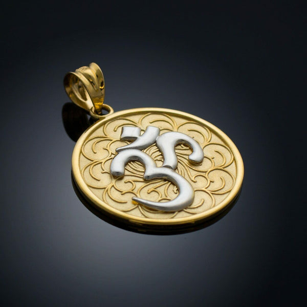 14k Solid Real Gold Two-Tone OHM (OM) Medallion Pendant Necklace