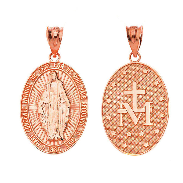 10K Solid Gold Our Lady of Graces Miraculous Medal Oval Pendant Necklace