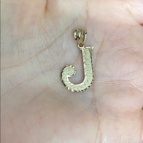 10k Solid Yellow Gold Initial Letter J Pendant Necklace - Diamond Cut