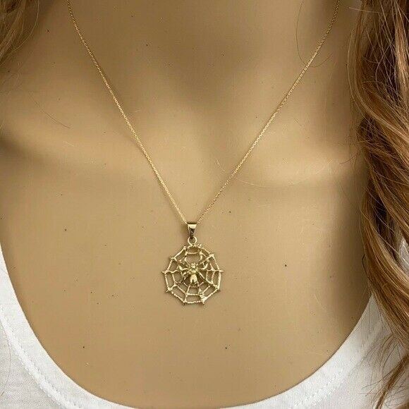 10K Solid Fine Yellow Gold Spider Web Charm Pendant Necklace 16" 18" 20" 22"