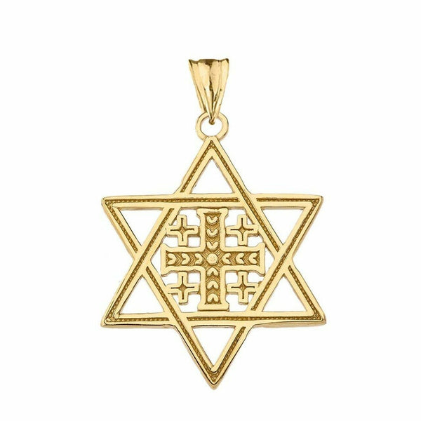 10k Solid Yellow Gold Jerusalem Cross In Star Of David Pendant Necklace