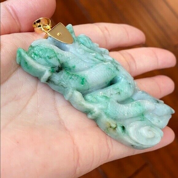 14K Large Real Gold Natural Jadeite Jade Carved Dragon Pendant 706 Heavy Thick