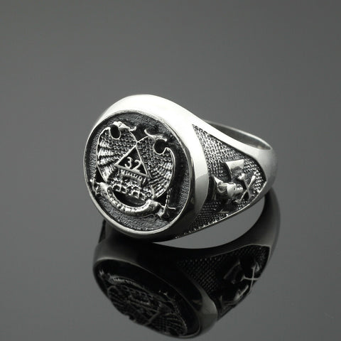 Vintage Symbol Oxidized Silver Scottish Rite Masonic Freemason Master Mason Ring