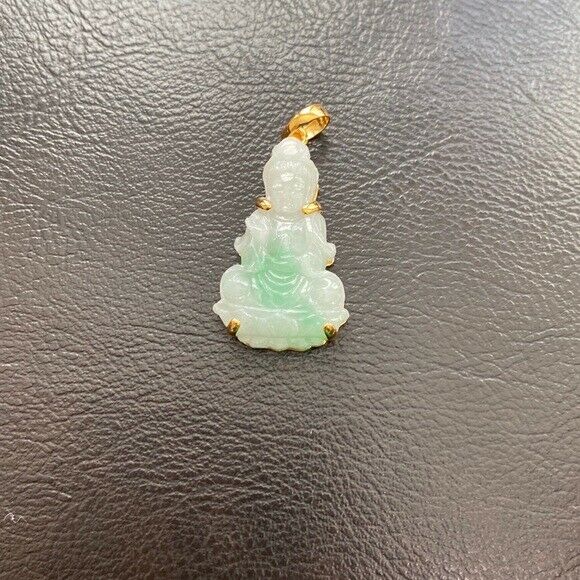 14K Real Gold Genuine Jade Kwan Yin Female Buddha Pendant Necklace Small