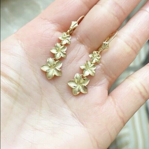 14k Solid Real Yellow Gold Elegant Plumeria Flower Leverback Earrings