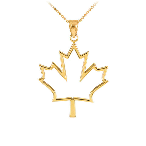 10K Solid Yellow Gold Open Design Maple Leaf Pendant Necklace