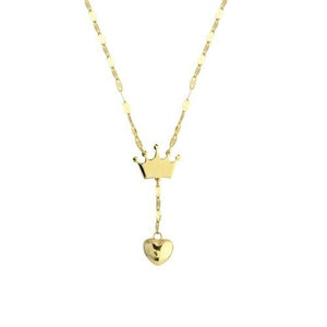 14K Solid Gold Crown Puffed Heart Dangle Kid Necklace 15" adjustable