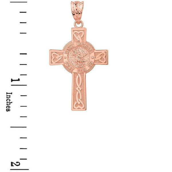 10k Rose Gold St. Saint Michael Pray For Us Celtic Heart Cross Pendant Necklace