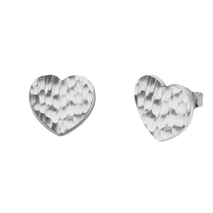 14k Solid White Gold Hammered Small Heart Stud Earrings