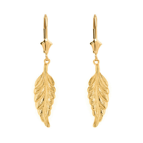 Solid 10k / 14k Yellow Gold Bohemia Boho Feather Leverback Drop Earrings Set