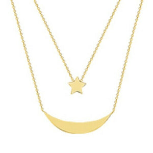 14K Solid Gold Duo Layer Celestial Moon Star Layering Necklace 16"-18"