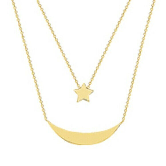 14K Solid Gold Duo Layer Celestial Moon Star Layering Necklace 16"-18"