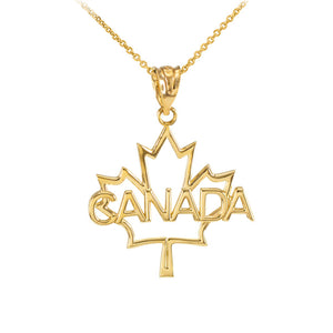 10K Solid Yellow Gold Maple Leaf "CANADA" Word Pendant Necklace