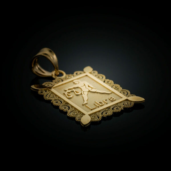14k Solid Gold Libra Zodiac Sign Filigree Rectangular Pendant Necklace