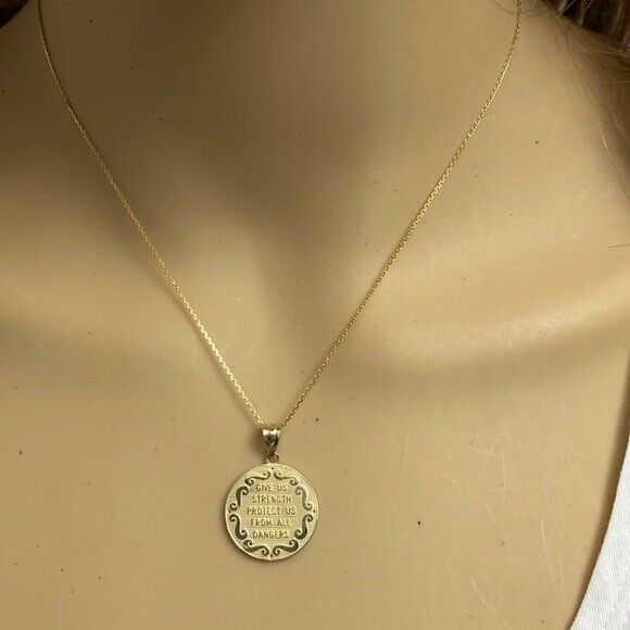 10k Gold St. Saint Michael Archangel Double Side Prayer Diamond Pendant Necklace