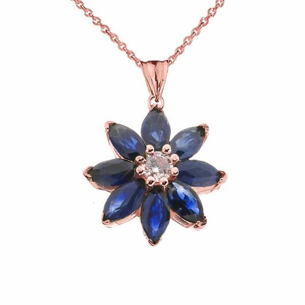 Solid 14k Rose Gold Genuine Sapphire and Diamond Daisy Pendant Necklace
