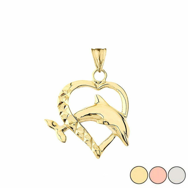 10k Real Solid Yellow Gold Heart Dolphin Jumping Love Pendant Necklace