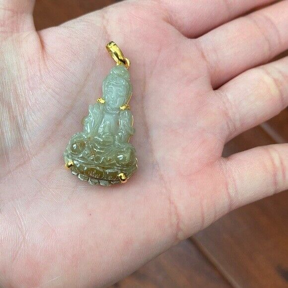 14K Real solid Gold Genuine Natural Jade Kwan Yin Lady Buddha Pendant Necklace