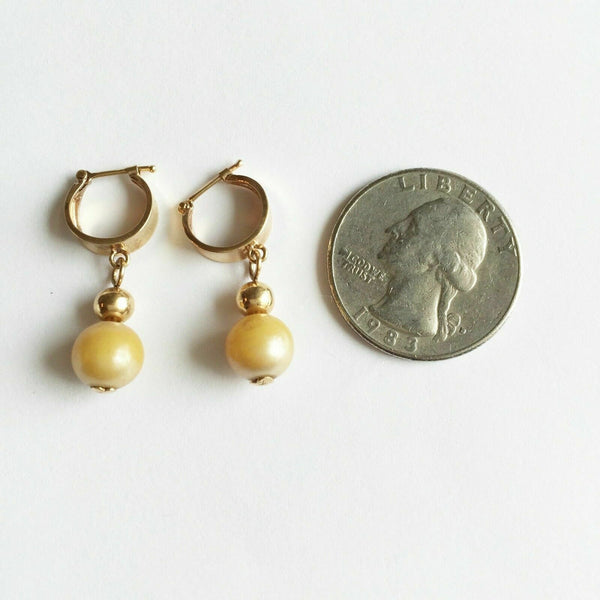 14K Solid Yellow Gold Dangle Balls Pearl earrings