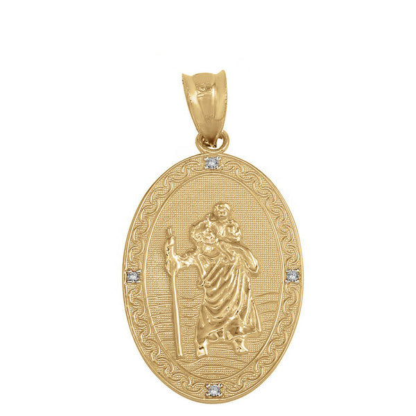 10k Solid Gold St. Saint Christopher Medallion Diamond Oval Pendant Necklace