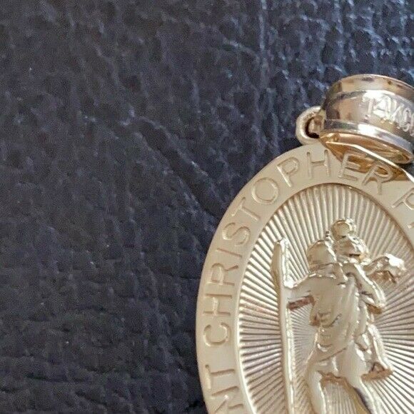 14K Solid Yellow Gold St. Saint Christopher "Protect Us"  Pendant Necklace