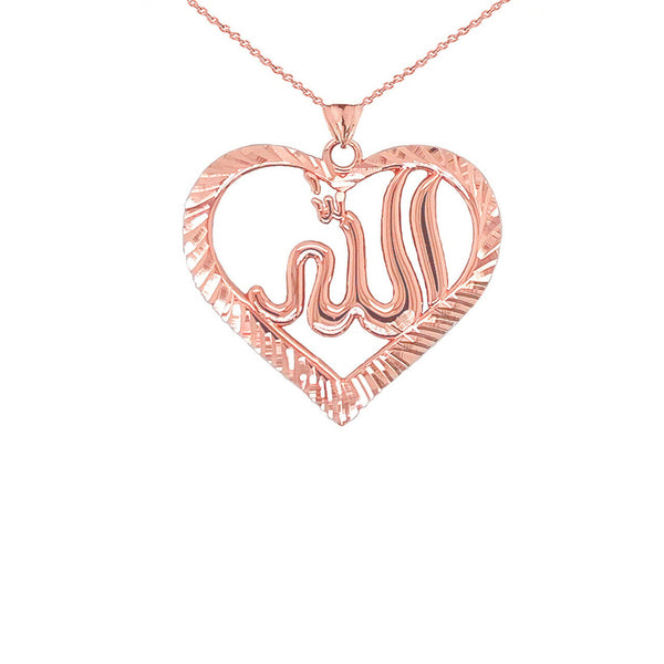 14K Solid Gold Sparkle-cut Allah Open Heart Pendant Necklace