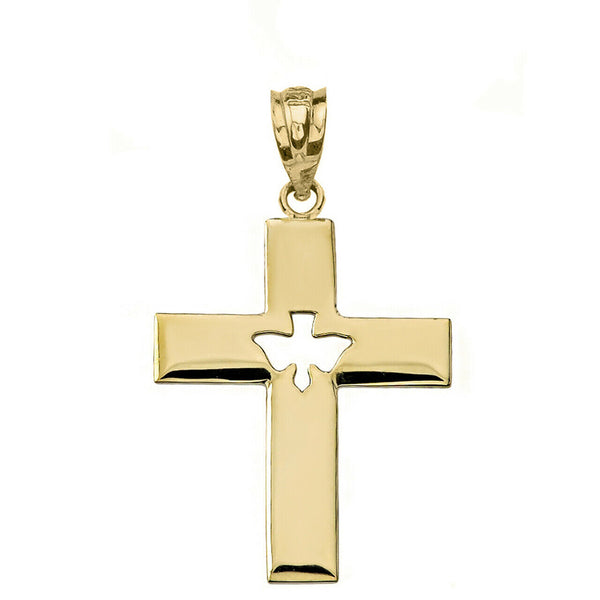 10K Solid Gold Religious Cross With Cut-Out Holy Spirit Dove Pendant Necklace