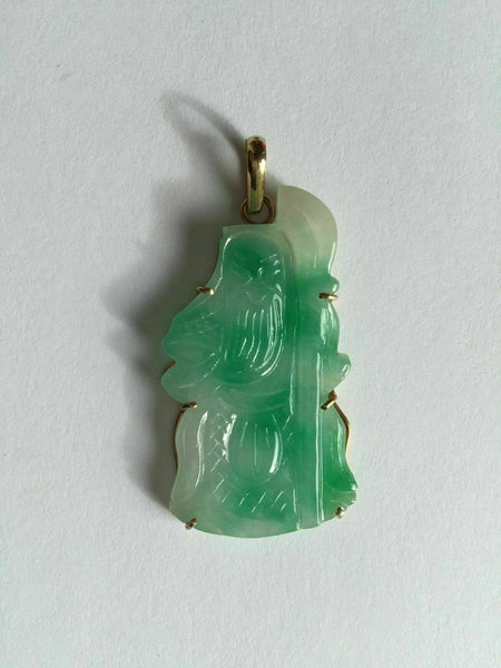 14k Solid Yellow Gold Longevity God Green Jade Pendant