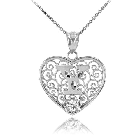 925 Sterling Silver Filigree Heart CZ Initial Letter Y Pendant Necklace