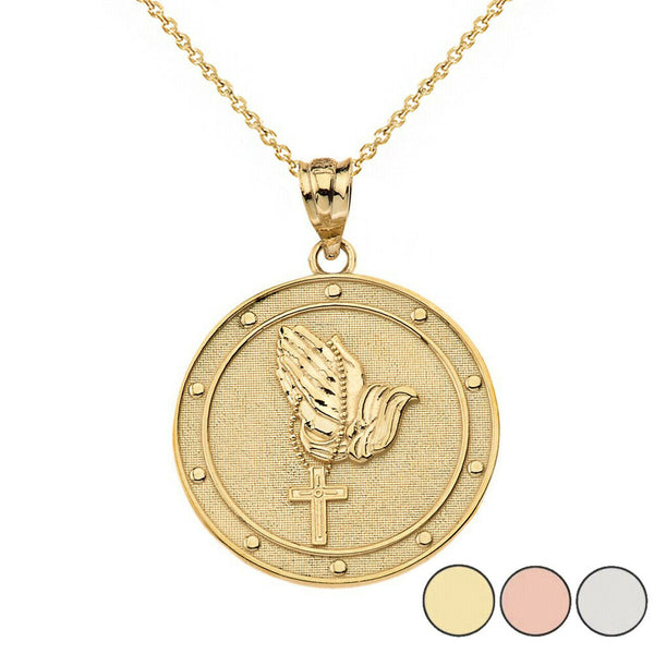 10k Solid Gold Father Prayer Hands Holding Rosary Medallion Pendant Necklace