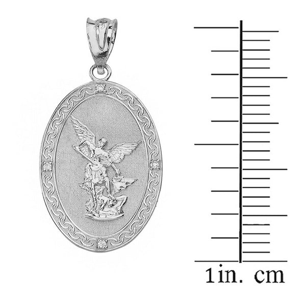 Sterling Silver Archangel Michael Oval Medallion CZ Prayer S Pendant Necklace