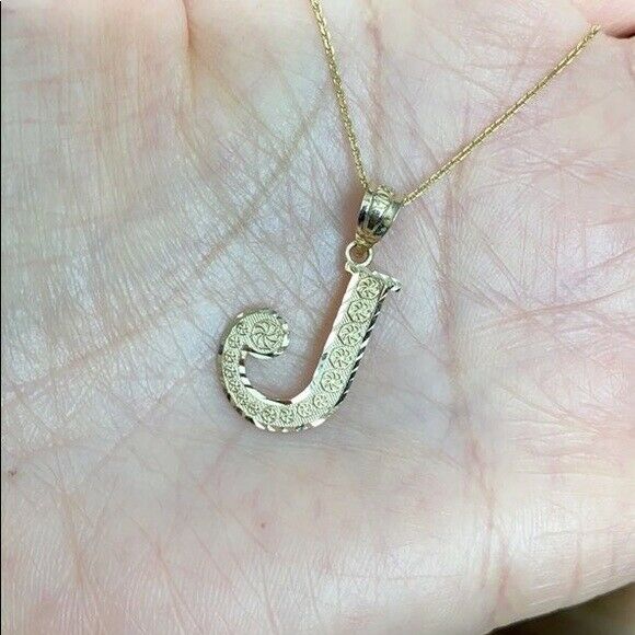 10k Solid Yellow Gold Initial Letter J Pendant Necklace - Diamond Cut