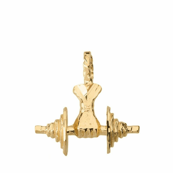 10k Solid Yellow Gold Bodybuilding Lifting Barbell 3D Pendant Necklace
