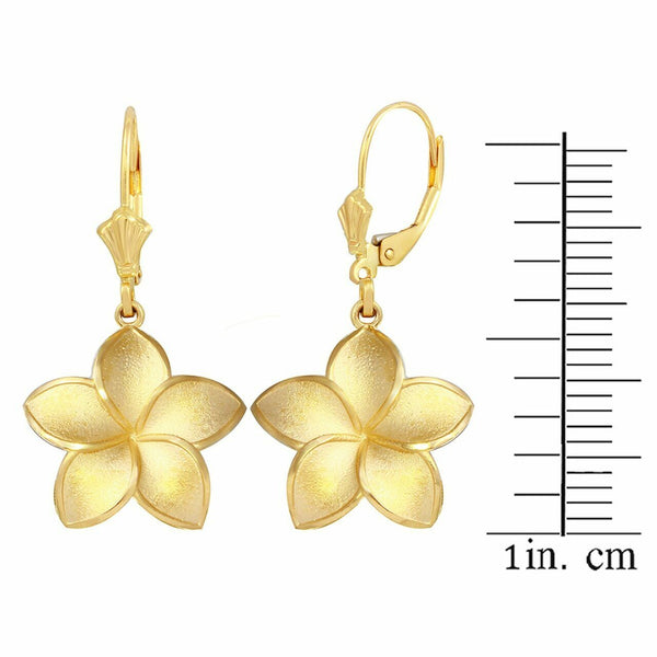 Solid 10k / 14k Yellow Gold Medium Five Petal Plumeria Flower Matte Earrings Set