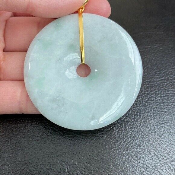 14K Solid Yellow Gold Round XLarge Donut Natural Jade Pendant Charm Light Green