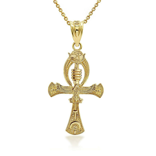10K Solid Gold Egyptian Ankh 3D Pendant Necklace - Yellow, Rose, or White Gold