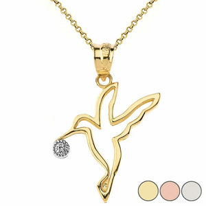 10k 14k Solid Gold Diamond Hummingbi Outline Love Luck Hope Pendant Necklace