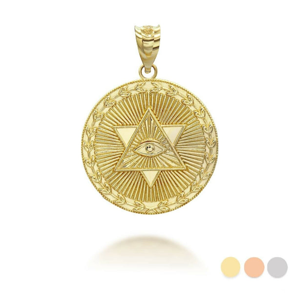 14K Solid Gold Star of David All-Seeing Eye Coin Pendant Necklace