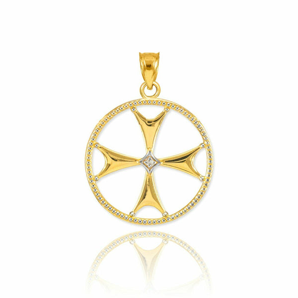 10k Solid Yellow Gold Diamond Maltese Cross Pendant Necklace 16" 18" 20" 22"
